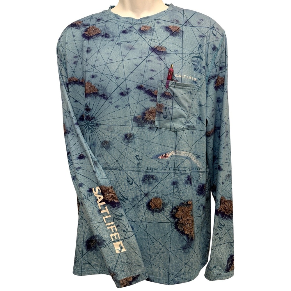 Salt Life Mens Rash Guard L Map Marine Nautical‎ Swim Shirt Surf Sun Protection